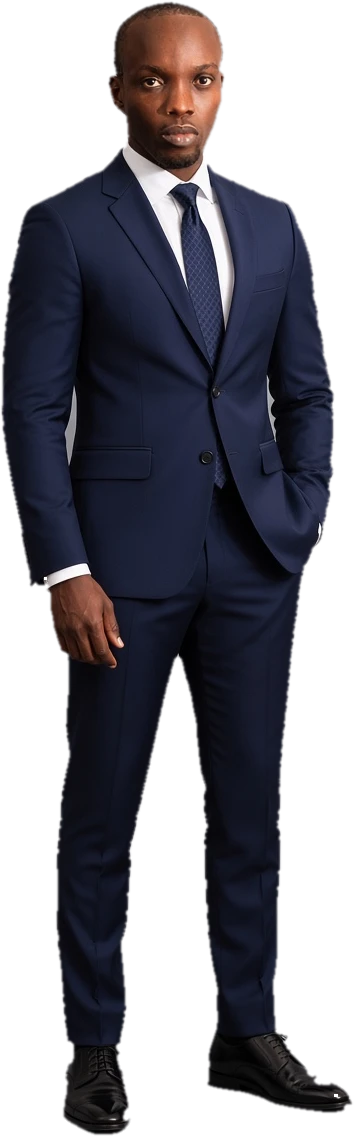 Kevon Cadogan, full-stack developer, standing in a navy suit